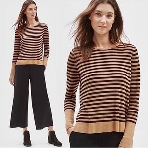 Eileen Fisher Knit Stripe Pullover Sweater Size Medium Black Camel Tencel Silk